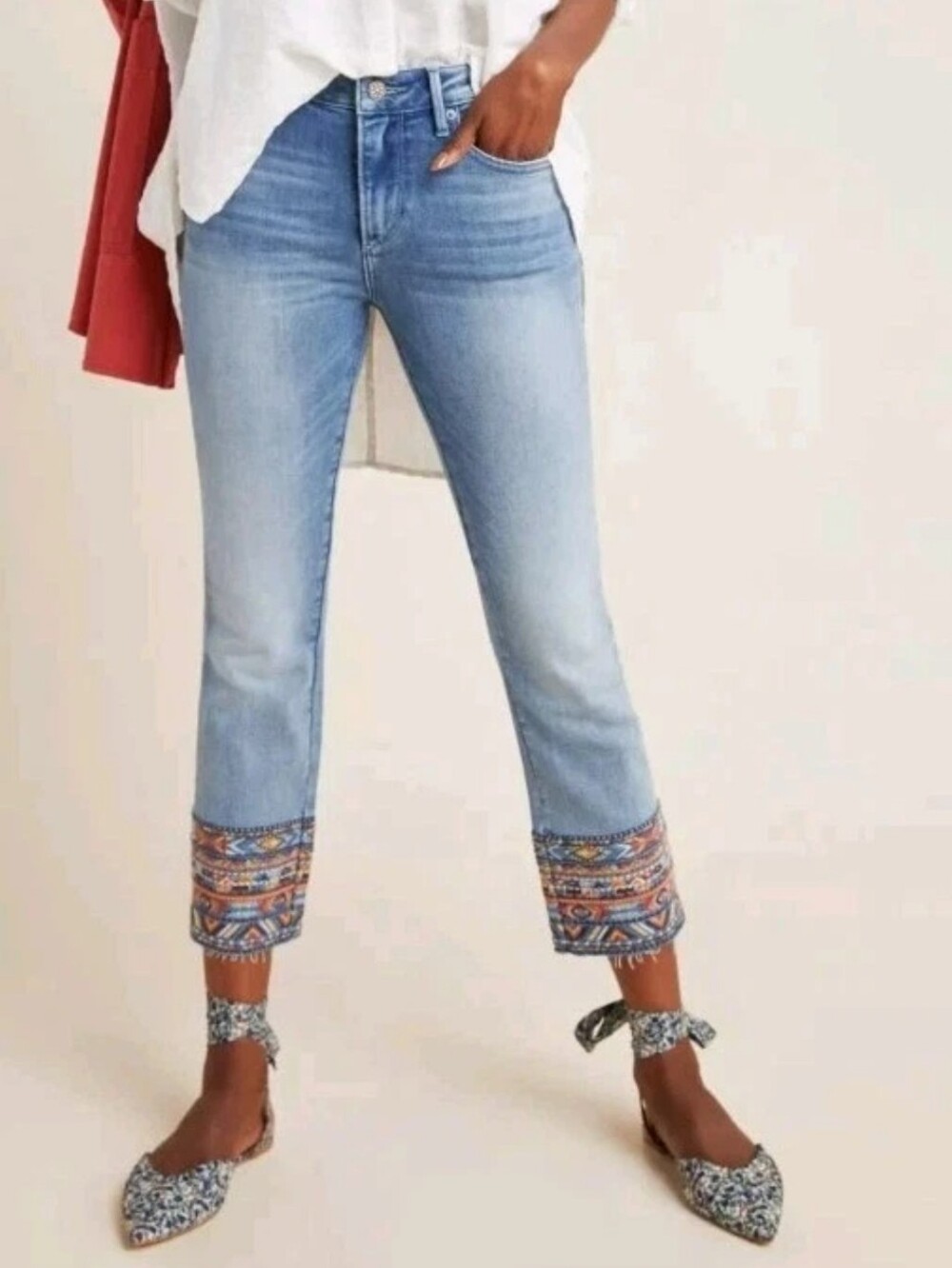Driftwood Embroidered Hem Collette Jeans Sz 27/26" Blue Denim Slim Straight Crop
